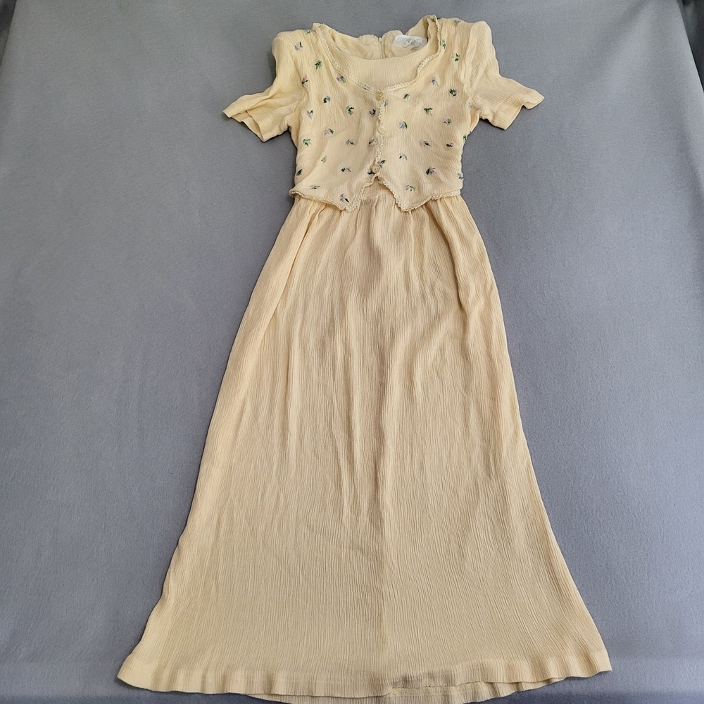 VTG Cottage Core Embroidered Floral Long Yellow Dress Women's Size 16 USA Made